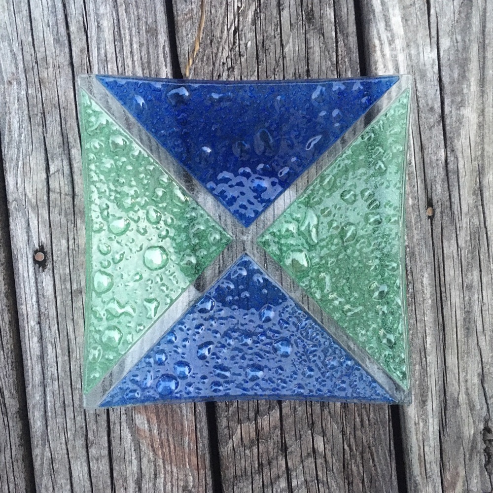 Fused Art Glass Curved Square Plate Green Blue and Clear with Bubbles 9”